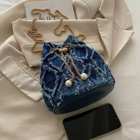 Blue Fashionable Women's Diamond-Shaped Shoulder Bucket Bag - Picture 6 of 7